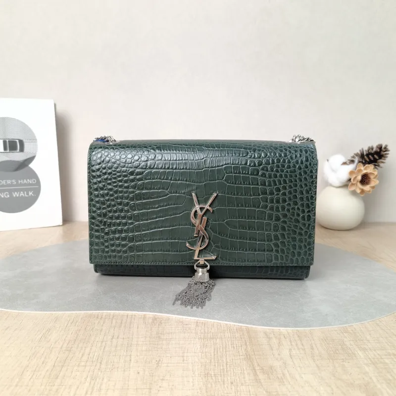SAINT LAURENT Crossbody Bag KATE Edition Green Calfskin Medium 24 × 5.5 × 14.5 cm