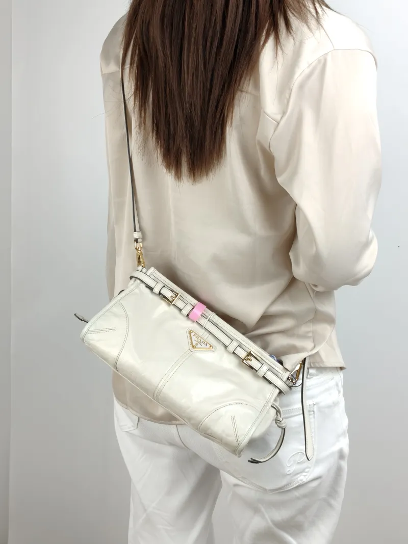 PRADA Crossbody Bag Bonnie Soft Lux Shoulder Strap Edition White Waxed Leather Calfskin Small 26 × 12 × 14 cm Conditioned — on-model view 2 of 2