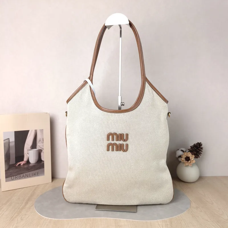 Miumiu Shoulder Bag IVY Tote Shopping Tote Beige Brown Canvas Medium 35*40