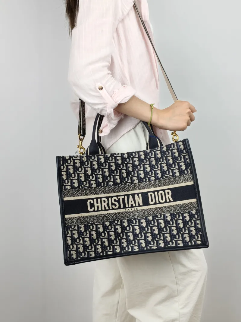 DIOR Shoulder Bag Book Tote Shoulder Strap Edition Blue Canvas · Calfskin Medium 36.5 × 16.5 × 28 cm — on-model view 2 of 3