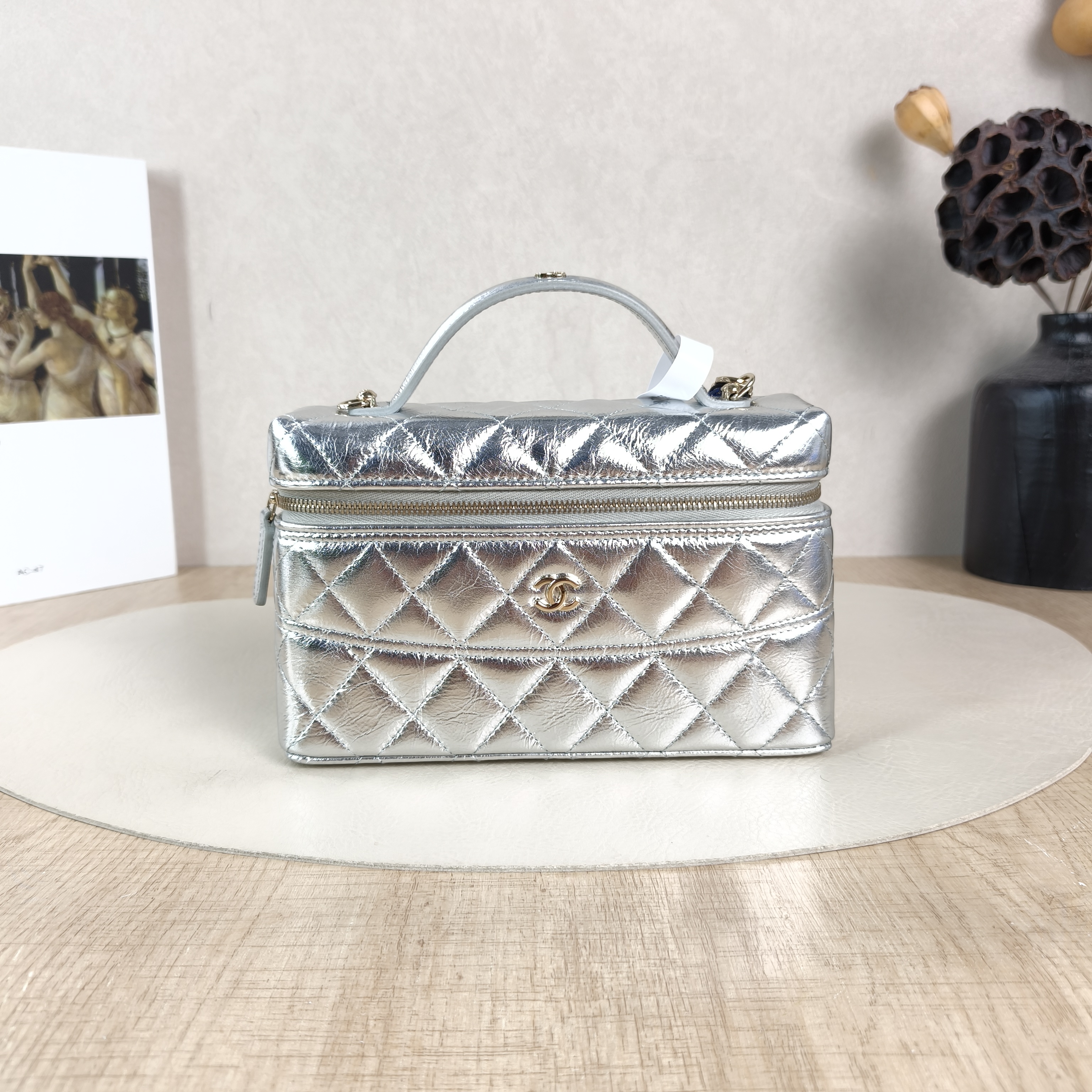 Chanel Top Handle Bag lp Silver Waxed Leather One Size19.5 × 5 × 17 cm