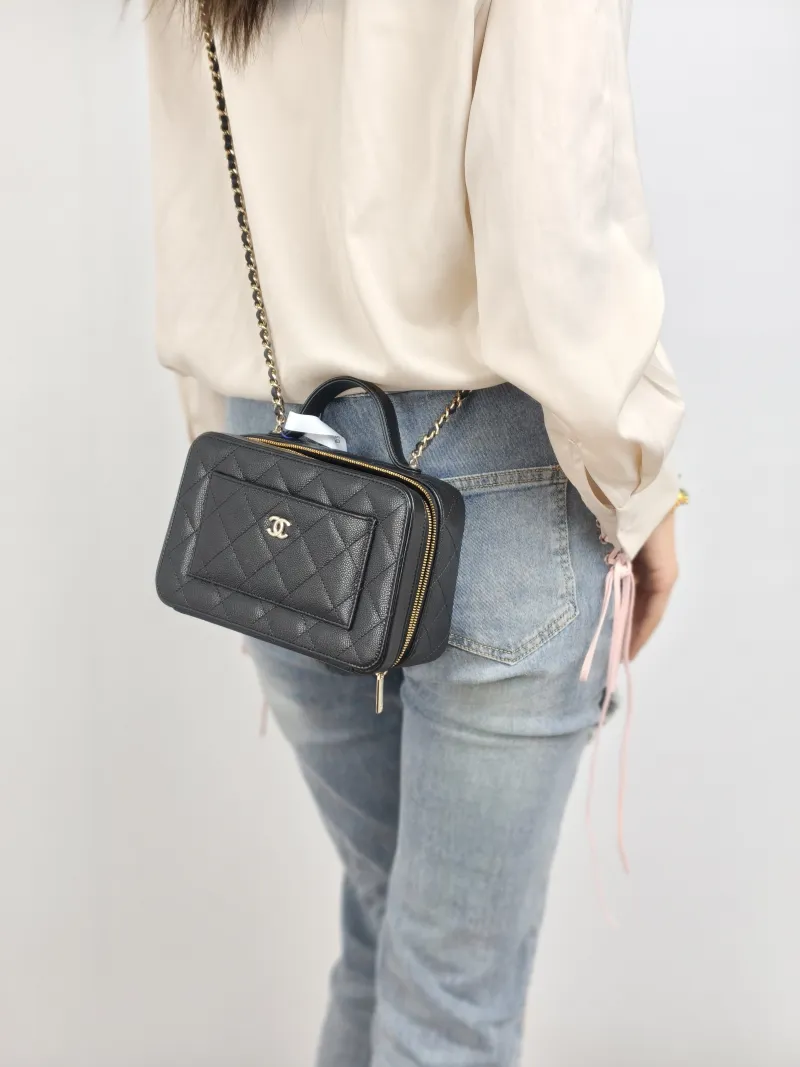 Chanel Crossbody Bag Black Grained Calfskin Mini 19.5 × 8.5 × 12 cm — on-model view 2 of 2