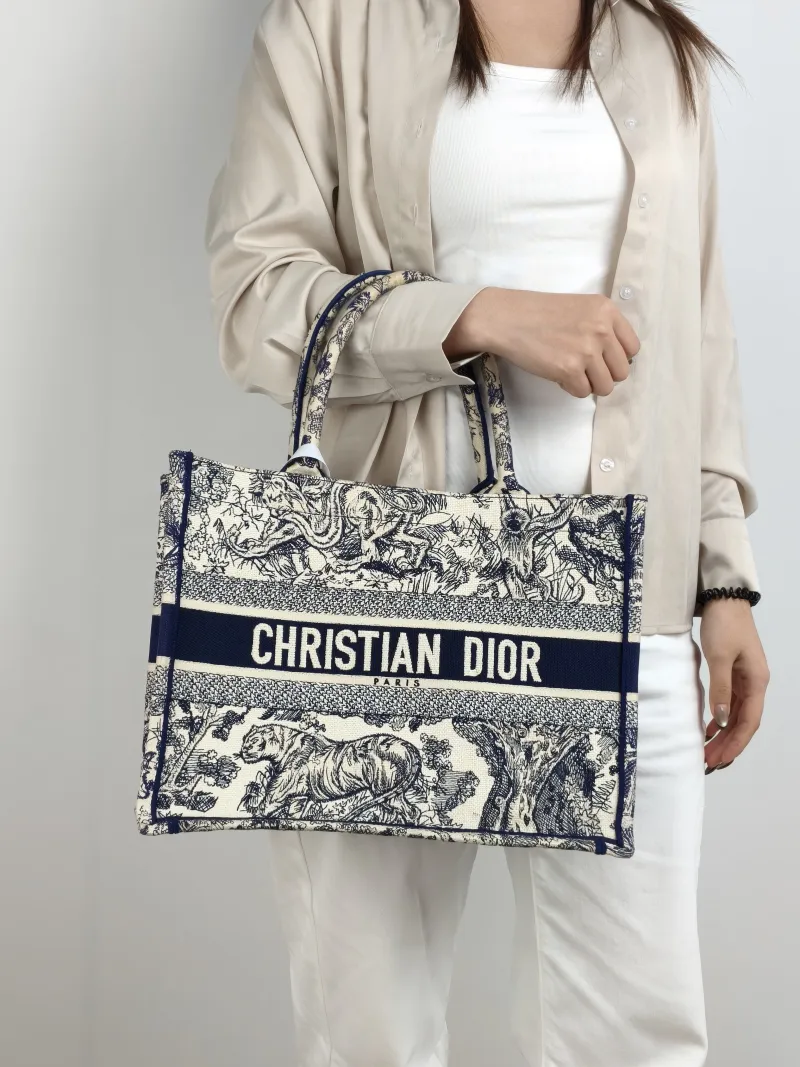 DIOR Top Handle Bag Book Tote Collection · White Blue Canvas Medium 36 × 16.5 × 27.5 cm — on-model view 1 of 2