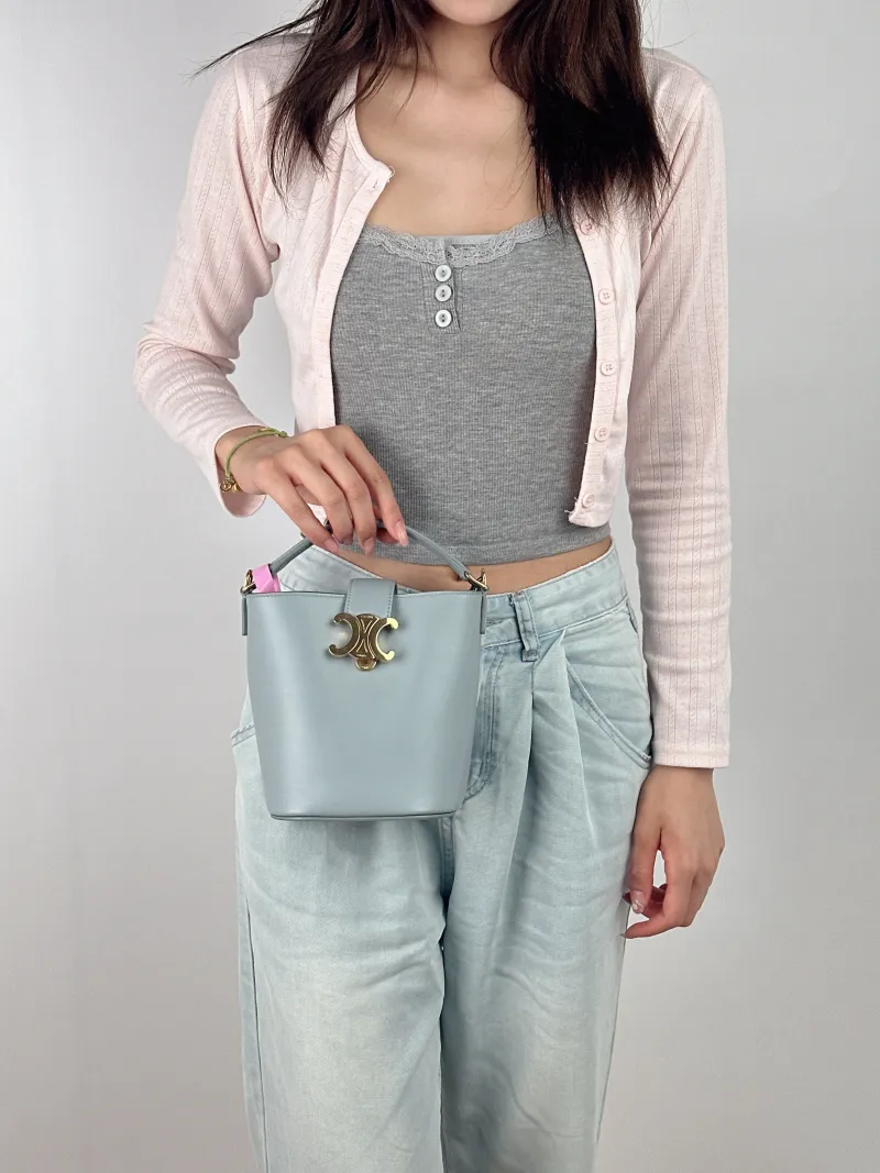 CELINE Crossbody Bag Louise Bucket Bag Blue Calfskin Mini 13.5 × 10 × 16 cm — on-model view 2 of 3