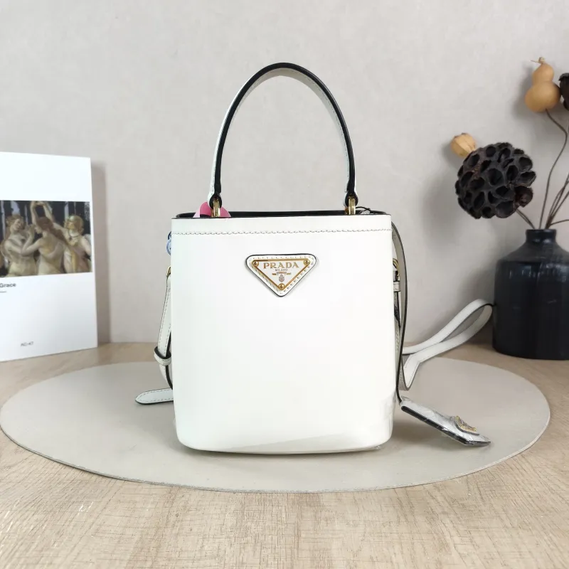 PRADA Shoulder Bag Panier White Calfskin Mini 16 × 10 × 17 cm