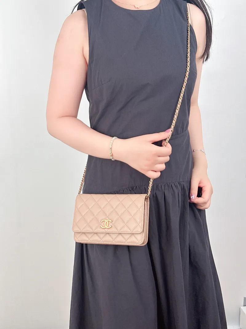 Chanel Crossbody Bag Edition cf woc Taupe Calfskin19.2 × 3.5 × 12.3 cm — on-model view 1 of 2