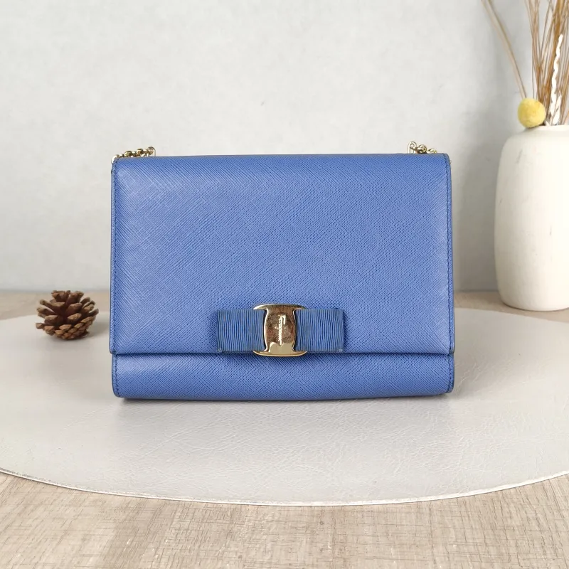 FERRAGAMO Crossbody Bag Chain Bag Blue Epi Embossed Calfskin One Size19 × 4 × 13.5 cm