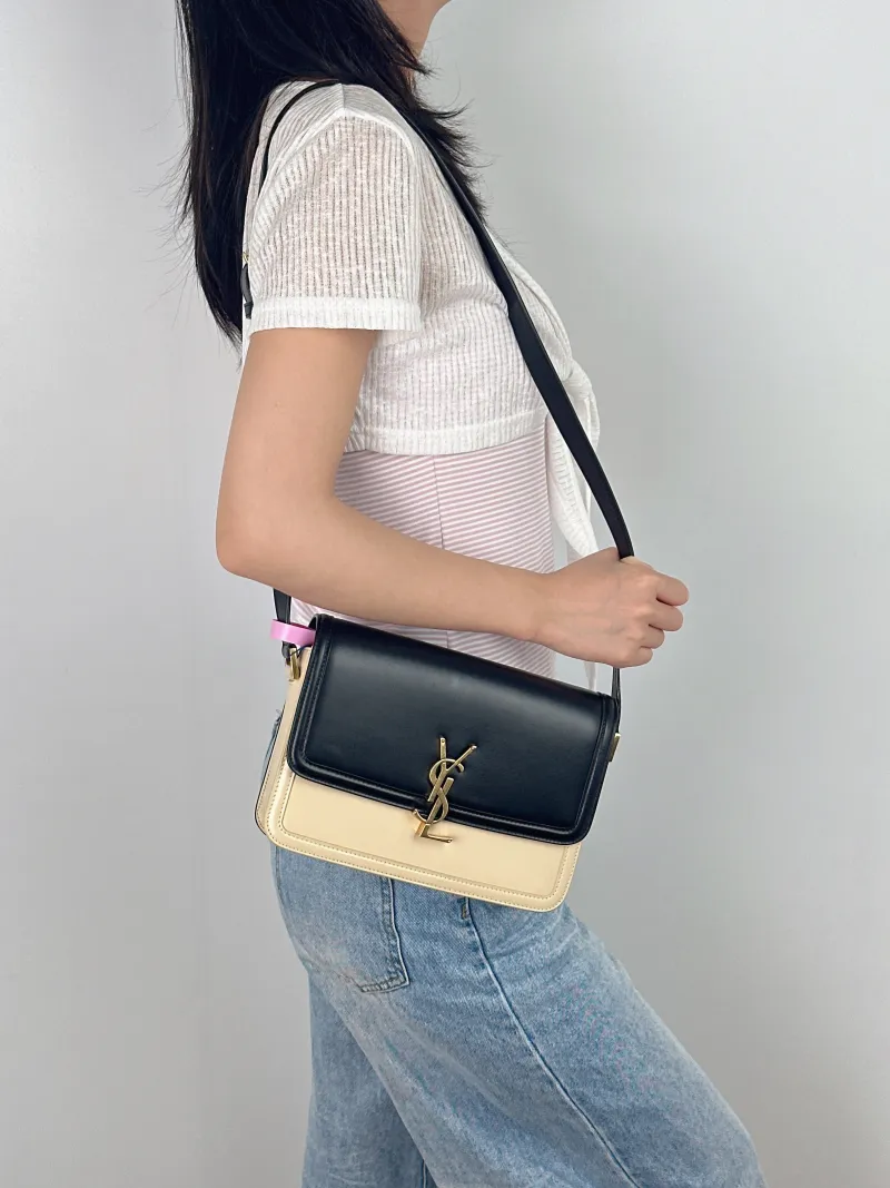 SAINT LAURENT Crossbody Bag Solferino Box Shoulder Bag Beige Black Calfskin Medium 23 × 16 × 7 cm — on-model view 1 of 2