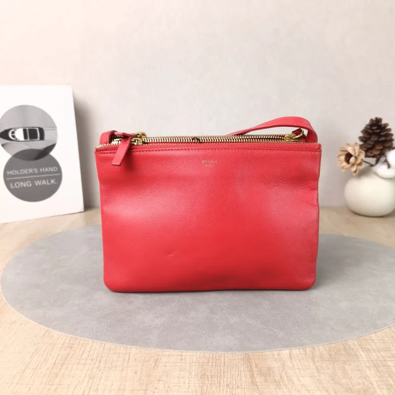 CELINE Crossbody Bag Trio Messenger Bag Red Lambskin Small21.5 × 5 × 15 cm