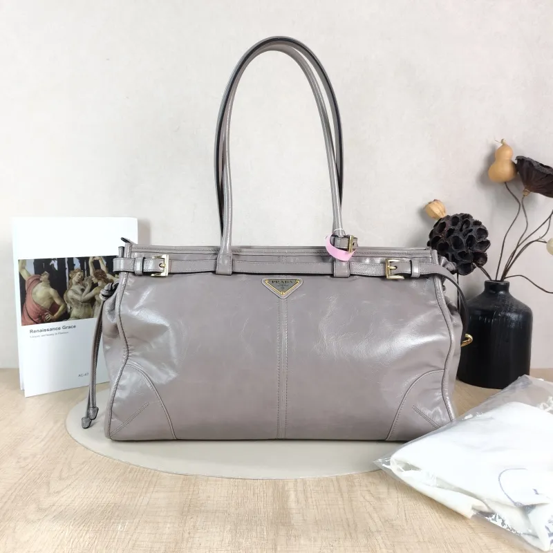 PRADA Shoulder Bag Bonnie Soft Lux Grey Waxed Leather Large 38 × 12 × 24 cm — cover view 2 of 6