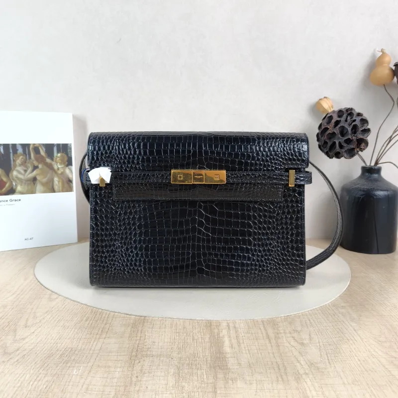 SAINT LAURENT Shoulder Bag MANHATTAN Black Embossed Calfskin Medium 29 × 7.5 × 20 cm