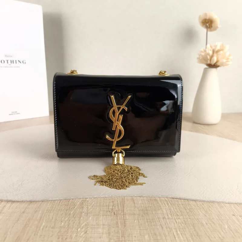 SAINT LAURENT Crossbody Bag KATE Edition Black with Gold-Tone Hardware Patent Leather Mini 17 × 5 × 11.5 cm