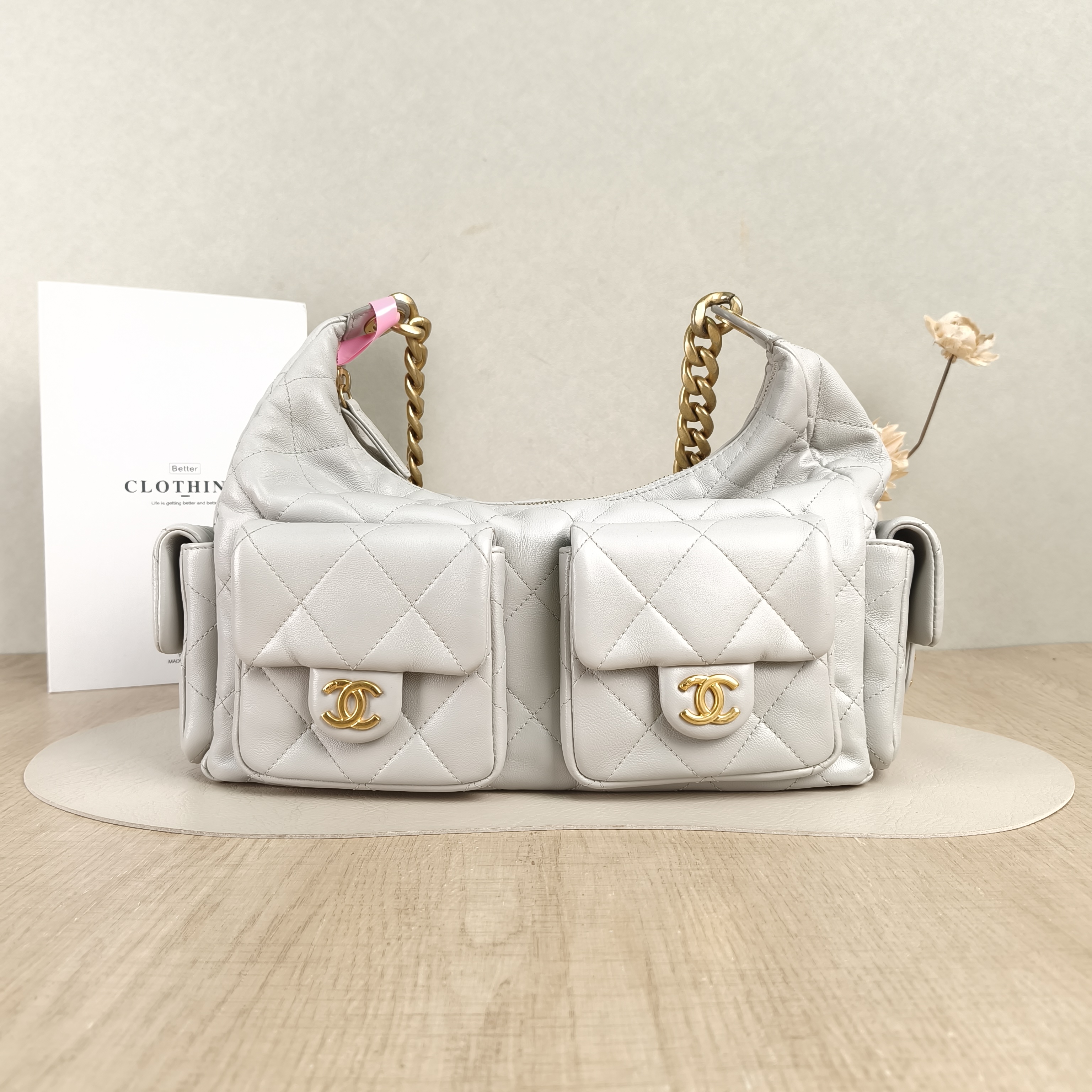 Chanel Shoulder Bag Hobo Shoulder Bag Grey Lambskin Medium35 × 18 × 27 cm