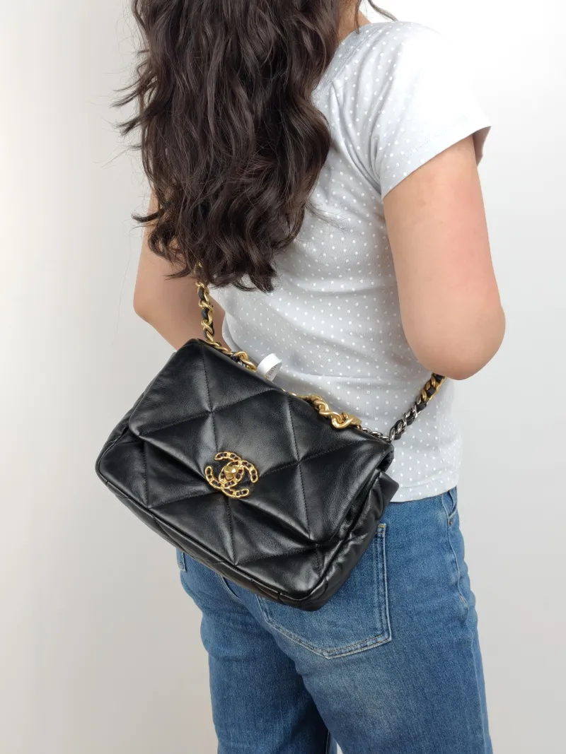 Chanel Crossbody Bag 19Bag Black Waxed Leather Small 26 × 9 × 16 cm 30 — on-model view 2 of 3