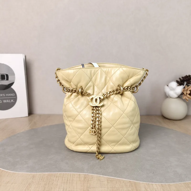 Chanel Shoulder Bag Bucket Bag Yellow Lambskin One Size 17 × 10 × 18.5 cm