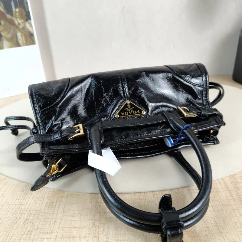 PRADA Shoulder Bag Bonnie Soft Lux Black Waxed Leather Mini 23.5 × 9 × 12 cm — detail view 4 of 14
