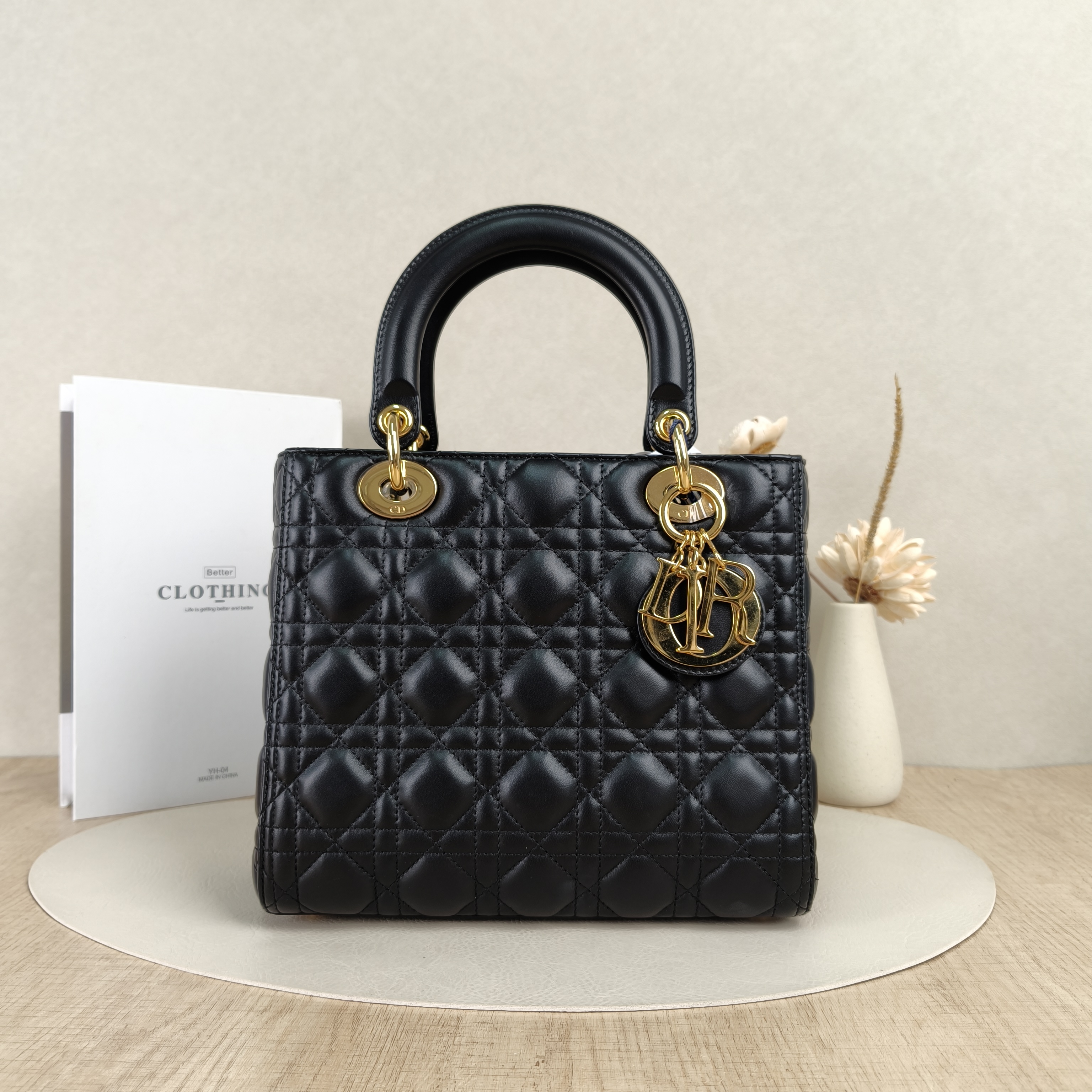 DIOR Top Handle Bag Lady Lady Dior Bag Black SL ambskin Medium24 × 12 × 21 cm