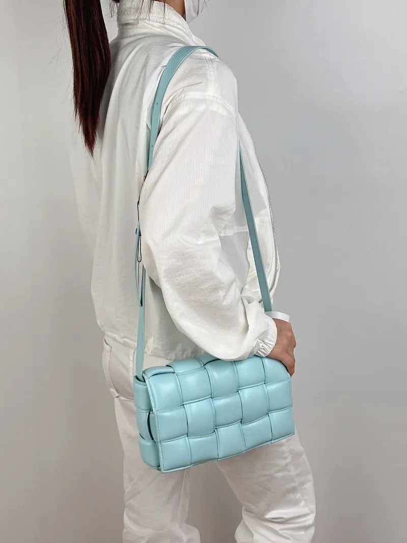 Bottega Veneta Crossbody Bag Padded Cassette Woven Blue Lambskin Medium26 × 8 × 18 cm — on-model view 1 of 2