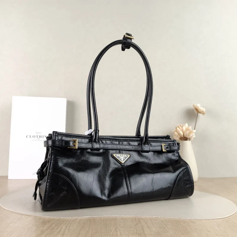 PRADA Shoulder Bag Bonnie Soft Lux Black Waxed Leather Medium 32 × 12 × 15.5 cm — cover view 4 of 5