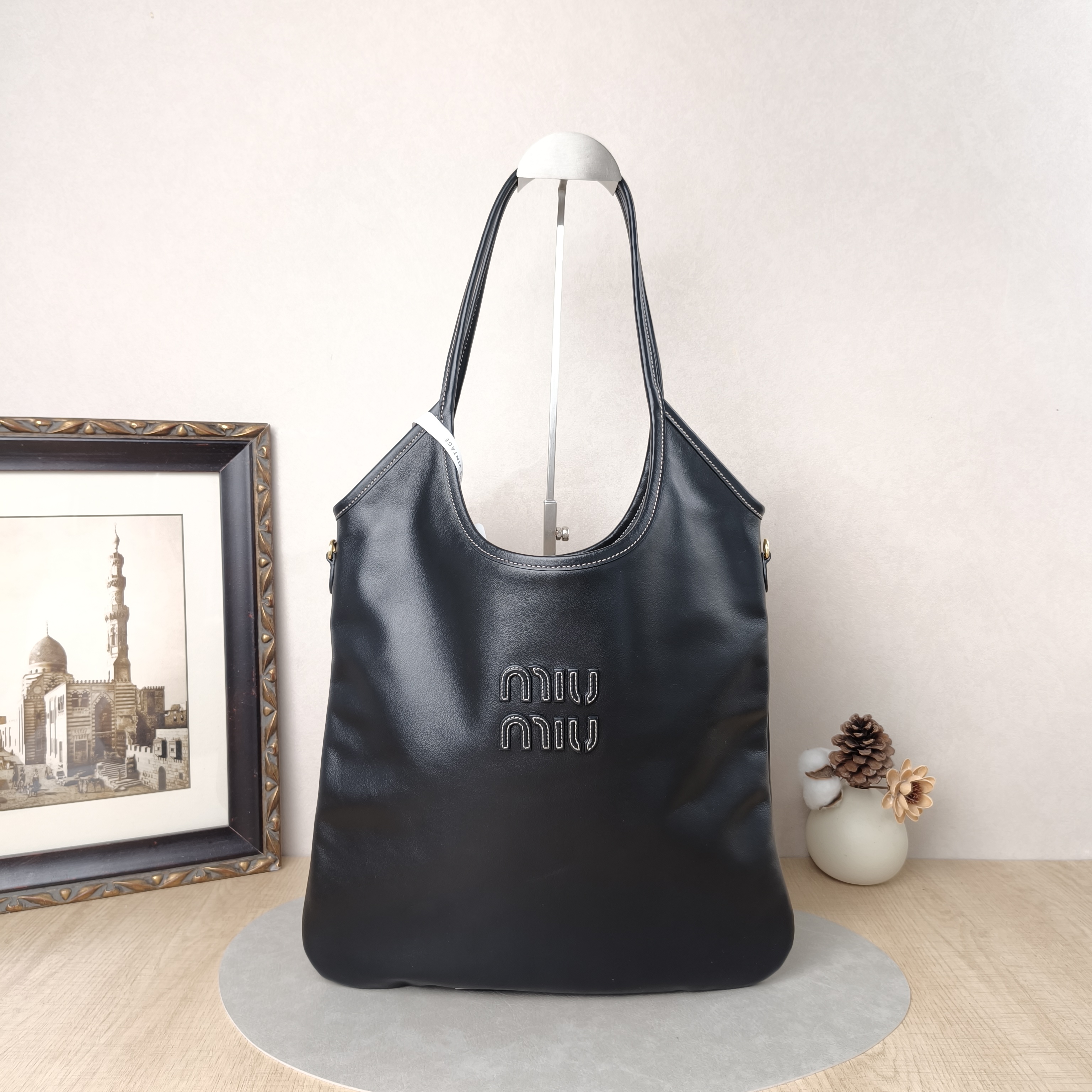 Miumiu Shoulder Bag IVY Tote Shopping Tote Black CC alfskin Medium35*40