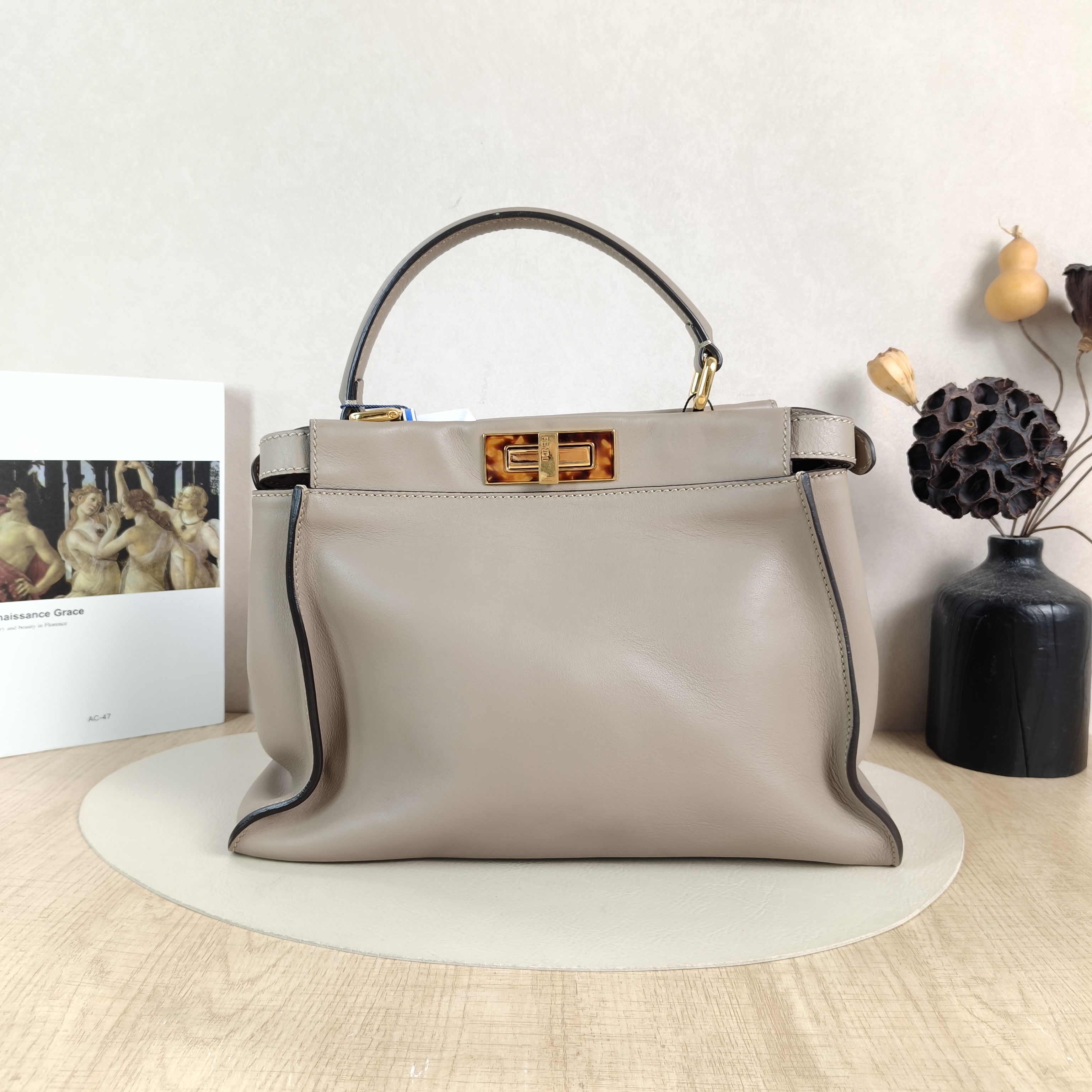 FENDI Top Handle Bag Peekaboo Grey Calfskin Medium33.5 × 13 × 25.5 cm