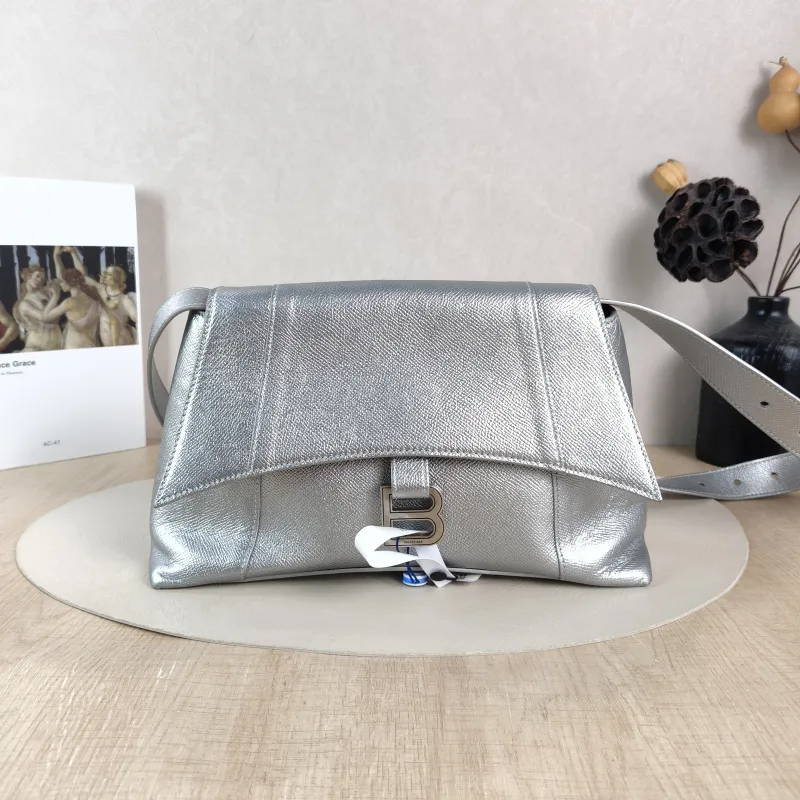 BALENCIAGA Shoulder Bag DOWNTOWN Silver Calfskin Small 30 × 10 × 17.5 cm