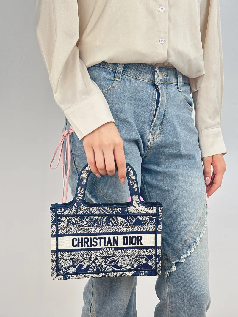 DIOR Top Handle Bag Book Tote Collection · White Blue Canvas Mini 22.5 × 6 × 15 cm — on-model view 2 of 2