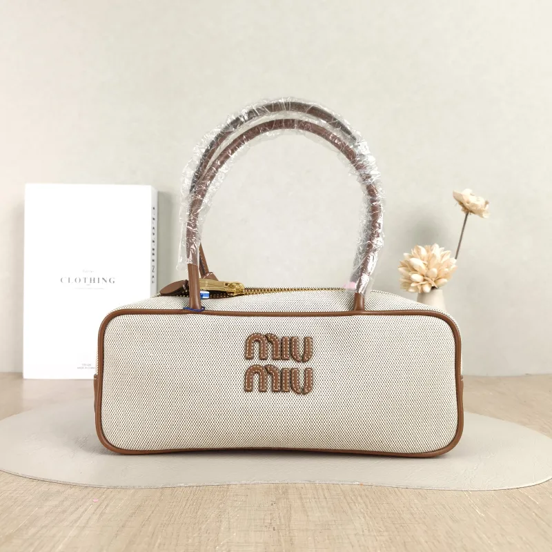 Miumiu Top Handle Bag Beau Brown Canvas · Calfskin Small 28 × 8 × 11.5 cm