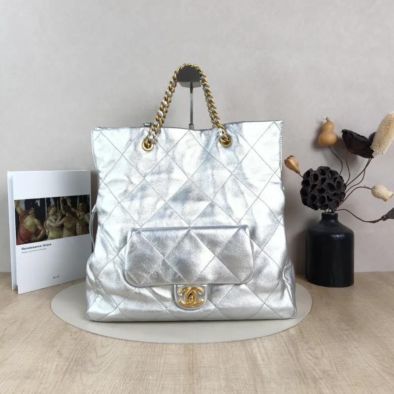 Chanel Shoulder Bag Tote Bag Silver Waxed Leather One Size35 × 12 × 34 cm