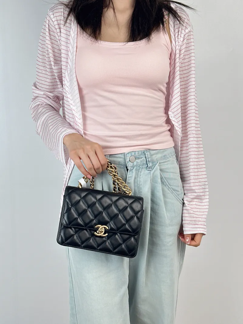 Chanel Crossbody Bag Crossbody Bag Black Lambskin One Size19.5 × 4 × 14.5 cm — on-model view 2 of 3
