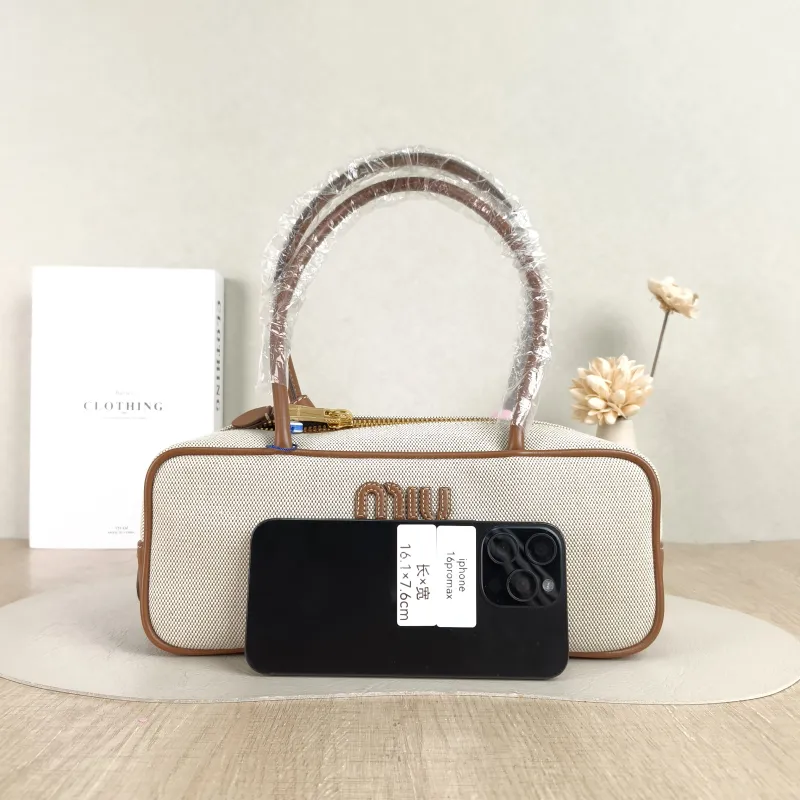 Miumiu Top Handle Bag Beau Brown Canvas · Calfskin Small 28 × 8 × 11.5 cm — cover view 2 of 5