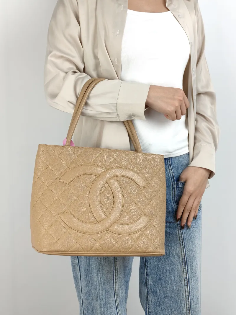 Chanel Top Handle Bag Medallion Taupe Grained Calfskin Large 30 × 15 × 24 cm 7 — on-model view 2 of 2