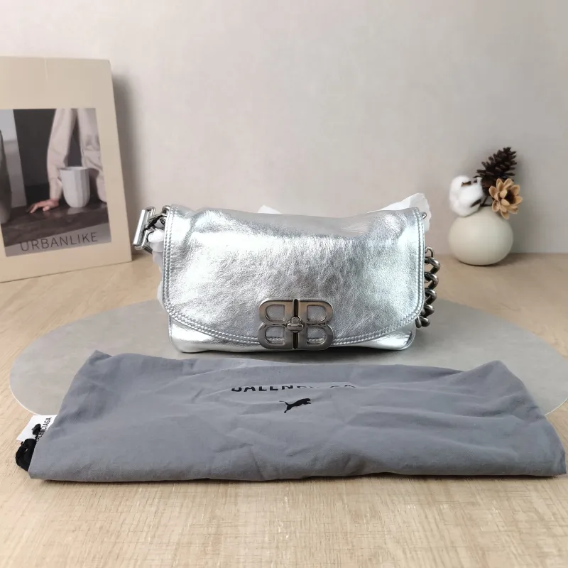 BALENCIAGA Crossbody Bagsoft bb Crossbody Bag Silver Calfskin 23.5 × 3 × 13.5 cm — cover view 3 of 6