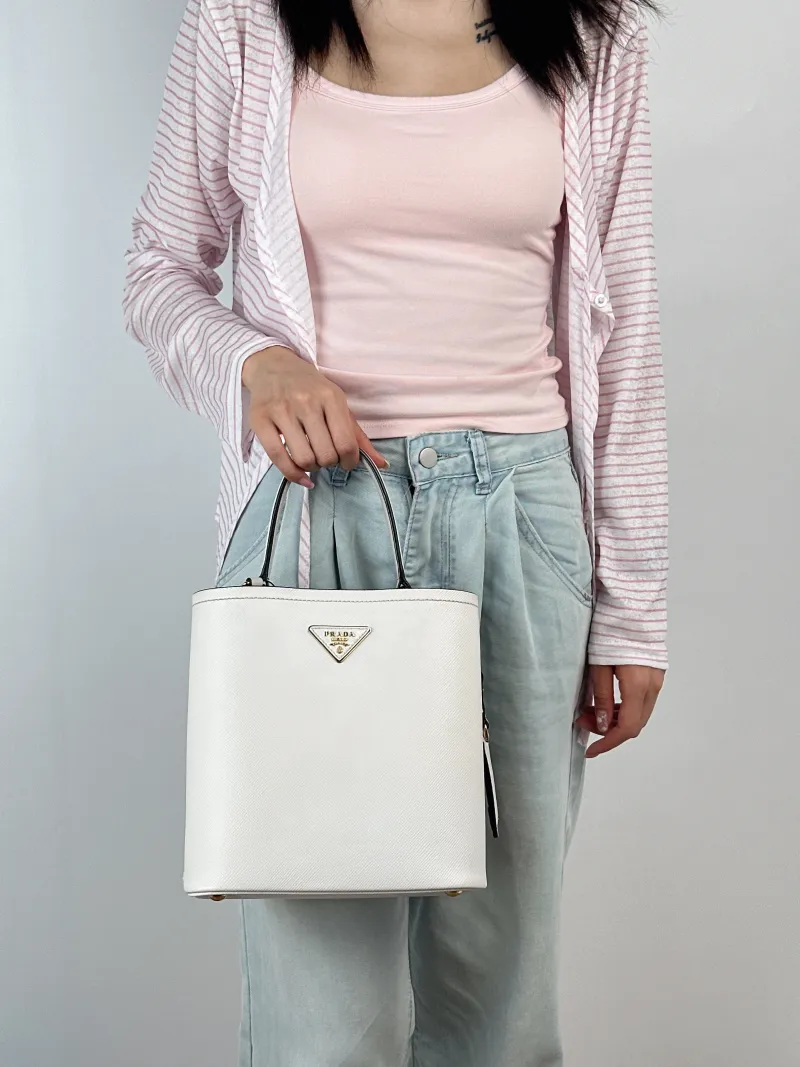 PRADA Shoulder Bag Panier White Calfskin Medium22.5 × 13 × 21.5 cm — on-model view 2 of 2
