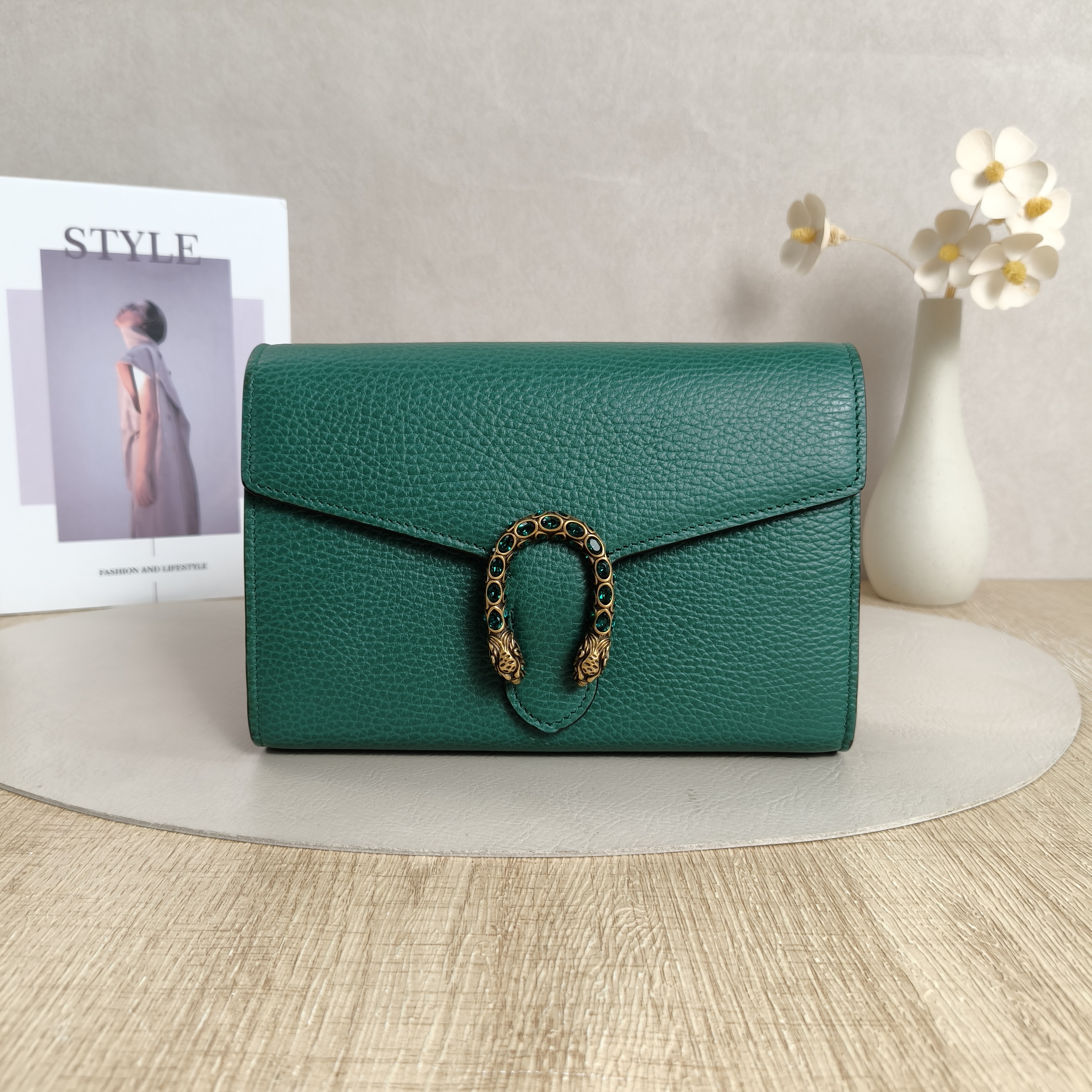 GUCCI Dionysus Wallet woc mini Green Calfskin · Dust Bag Shoulder Strap · 20 × 6 × 13 cm