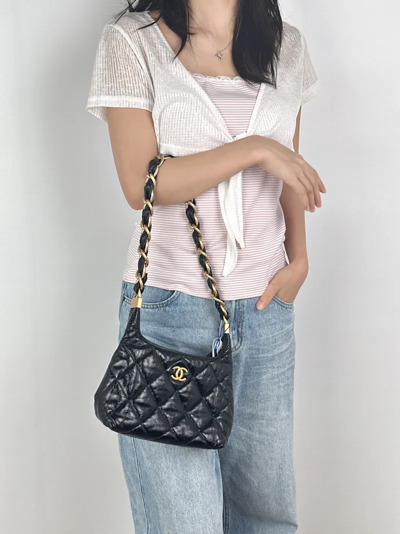 Chanel Shoulder Bag Hobo Black Lambskin Small22.5 × 8.5 × 19.5 cm — on-model view 1 of 2
