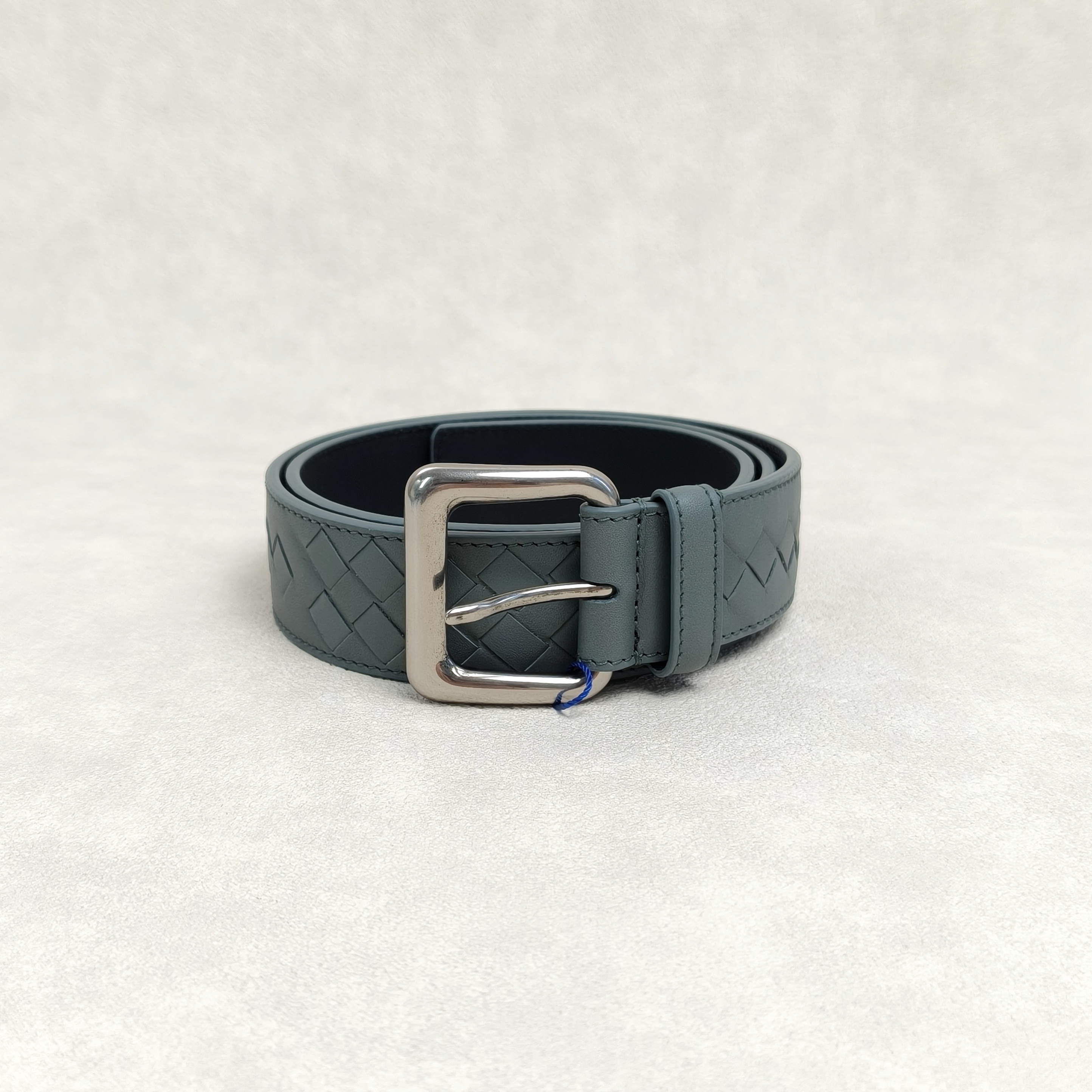 Bottega Veneta Belt Silver-Tone Hardware Woven Belt Grey Calfskin One Size85cm