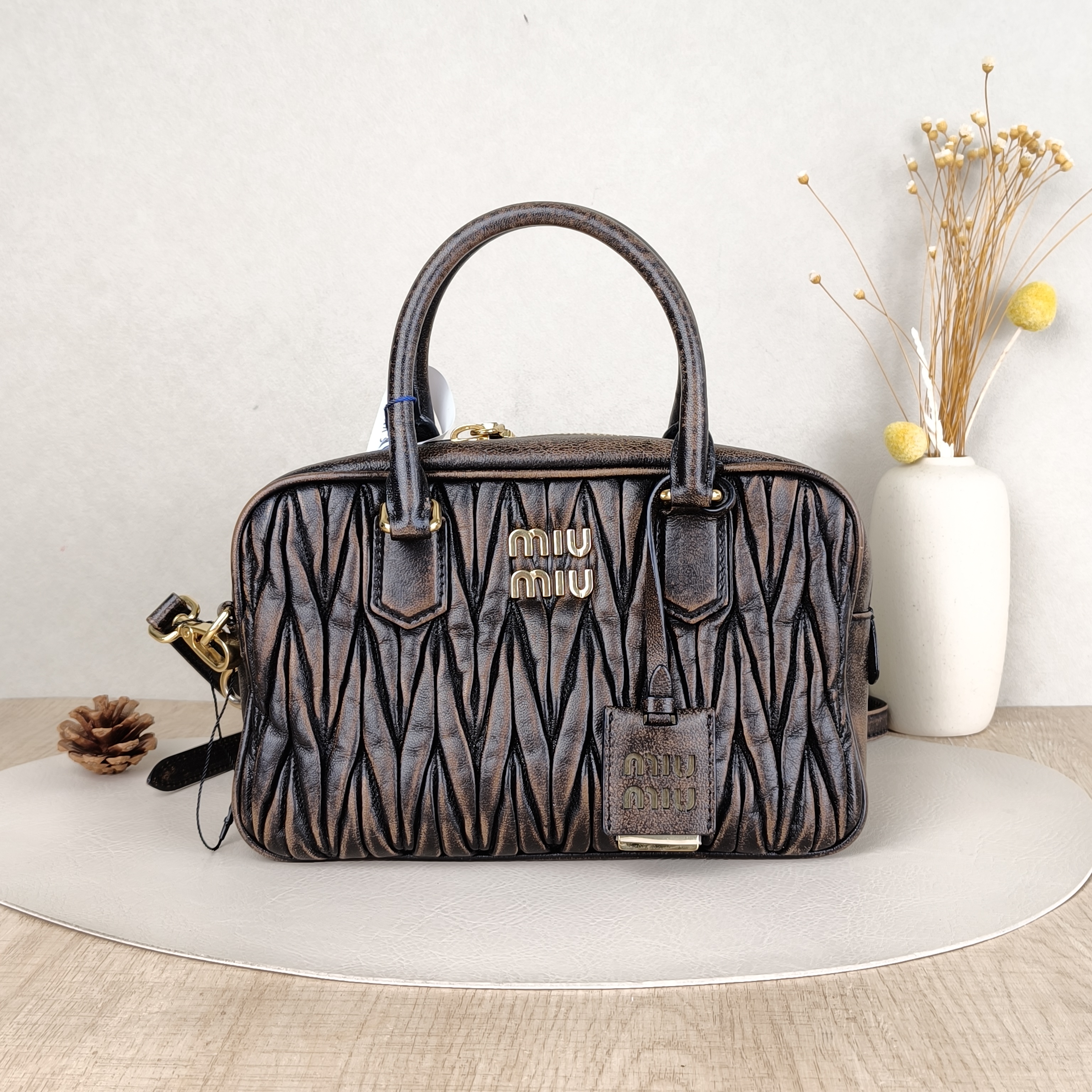 Miumiu Top Handle Bag Arcadie MatelasséCollection Edition Brown Lambskin Medium24 × 10 × 15 cm