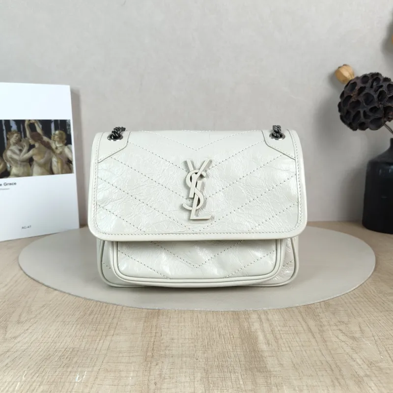 SAINT LAURENT Crossbody Bag Niki D White Waxed Leather Small 21 × 7.5 × 16 cm