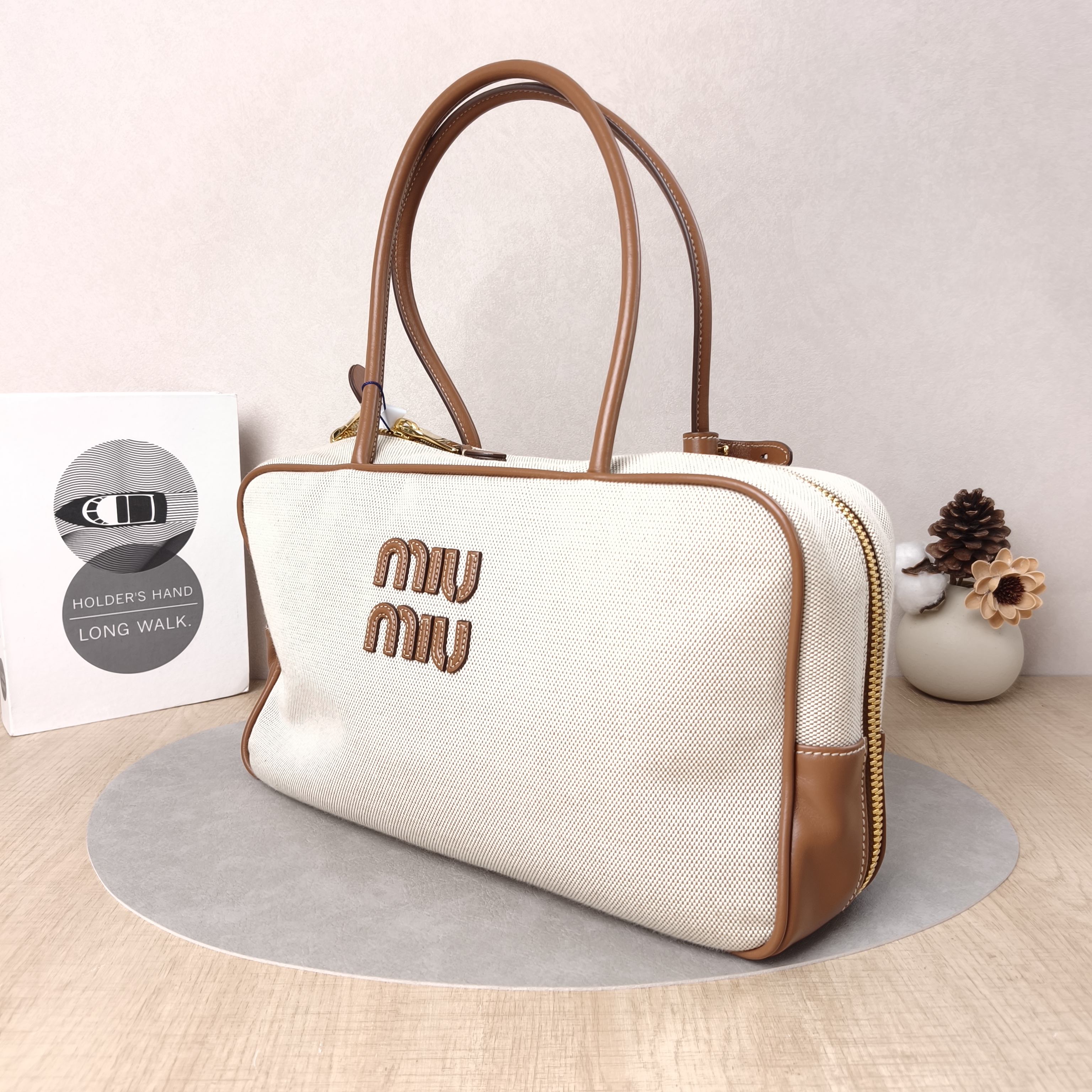 Miumiu Top Handle Bag Beau Brown Canvas · Calfskin Large34 × 10 × 20 cm — cover view 4 of 5
