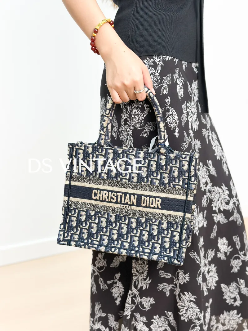 DIOR Top Handle Bag Book Tote Blue Canvas Small 26.5 × 14 × 22 cm — on-model view 3 of 3