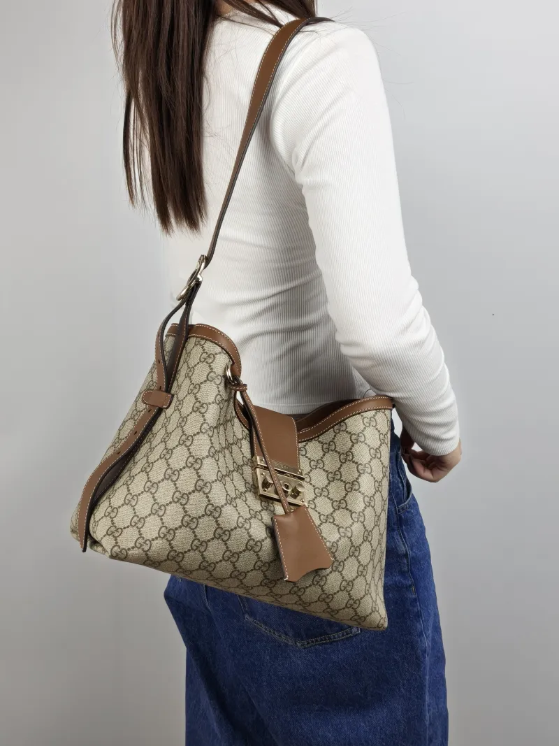 GUCCI Shoulder Bag Padlock Tote Monogram Brown Canvas 28.5 × 15 × 22.5 cm — on-model view 2 of 2