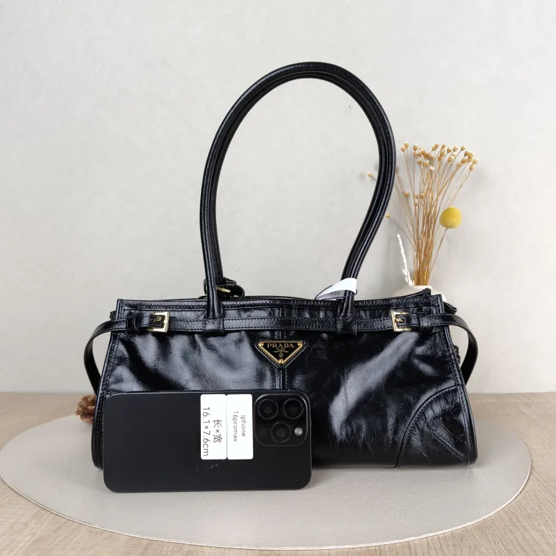 PRADA Shoulder Bag Bonnie Soft Lux Black Waxed Leather Medium32 × 12 × 15.5 cm — cover view 5 of 5