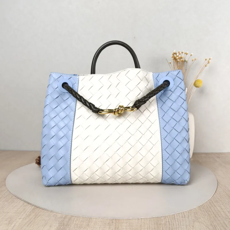 Bottega Veneta Top Handle Bag Woven Top Handle Bag Blue White Calfskin 30 × 12 × 24 cm