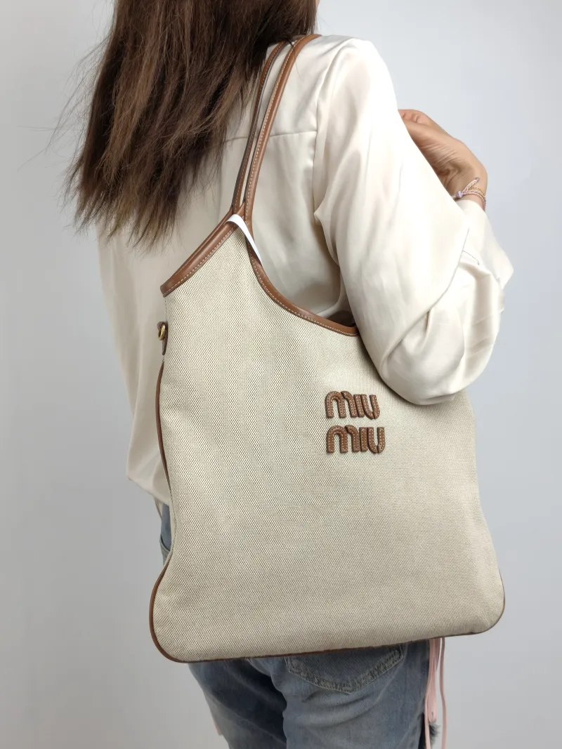 Miumiu Shoulder Bag IVY Tote Shopping Tote Beige Brown Canvas Medium 35*40 — on-model view 2 of 2