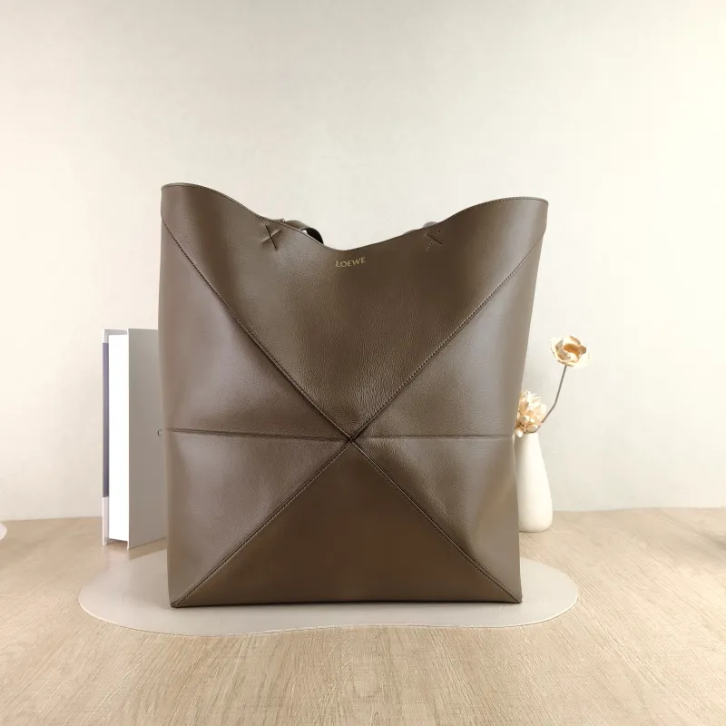 LOEWE Shoulder Bag Puzzle Fold Shopping Tote Brown Calfskin Large 42 × 41 × 18 cm