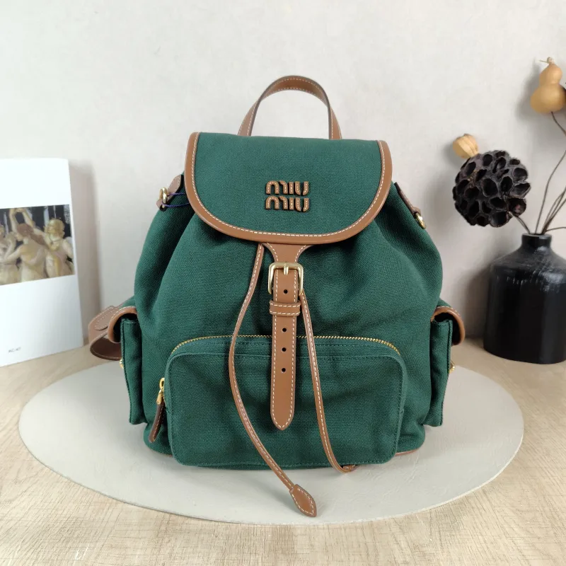 Miumiu Backpack Backpack Green Canvas Large 25 × 12.5 × 29.5 cm