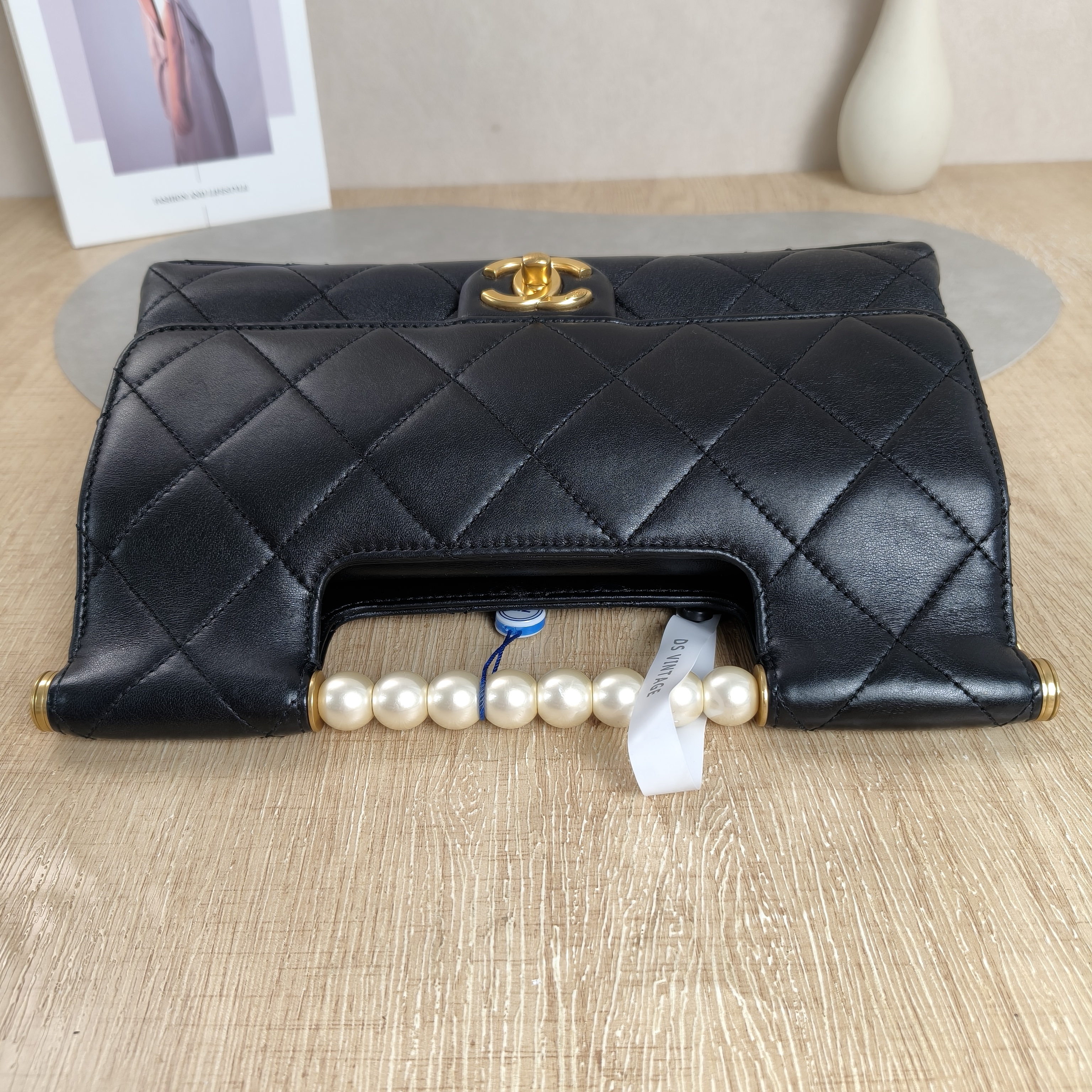 Chanel Pearl Chain Bag Black with Gold-Tone Hardware Lambskin Microchip Edition · 26 × 7 × 16 cm — cover view 2 of 10
