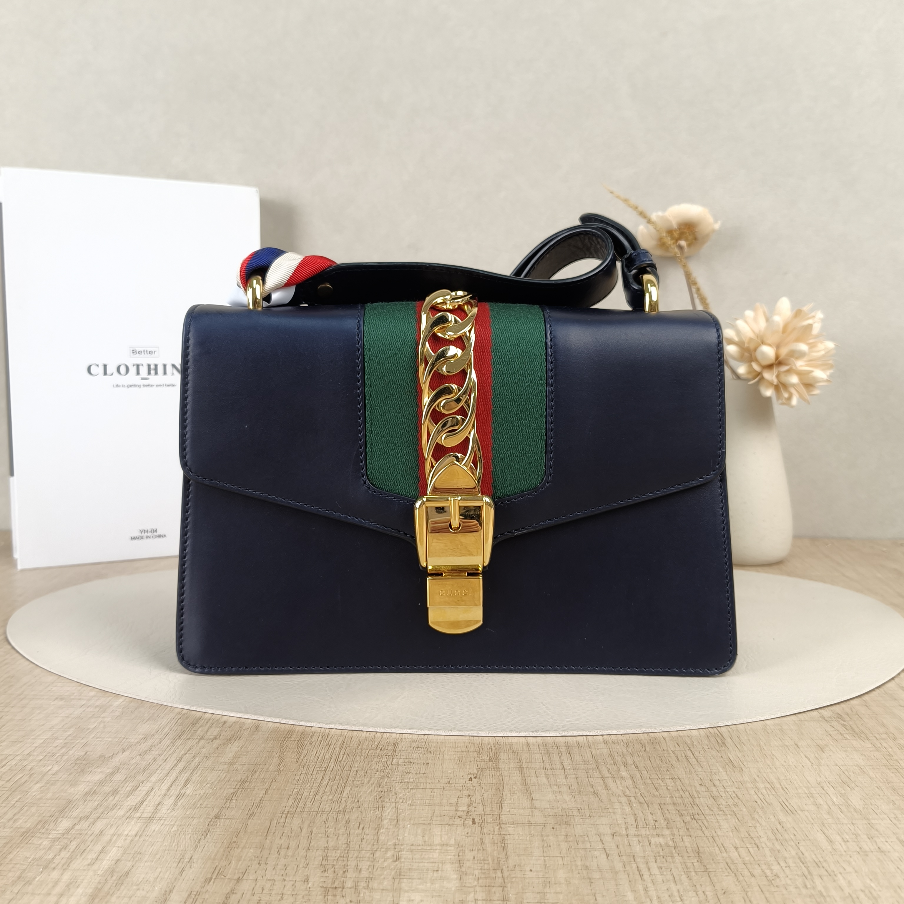 GUCCI Crossbody Bag Sylvie Shoulder Strap Edition Blue Calfskin Small25.5 × 8 × 17 cm