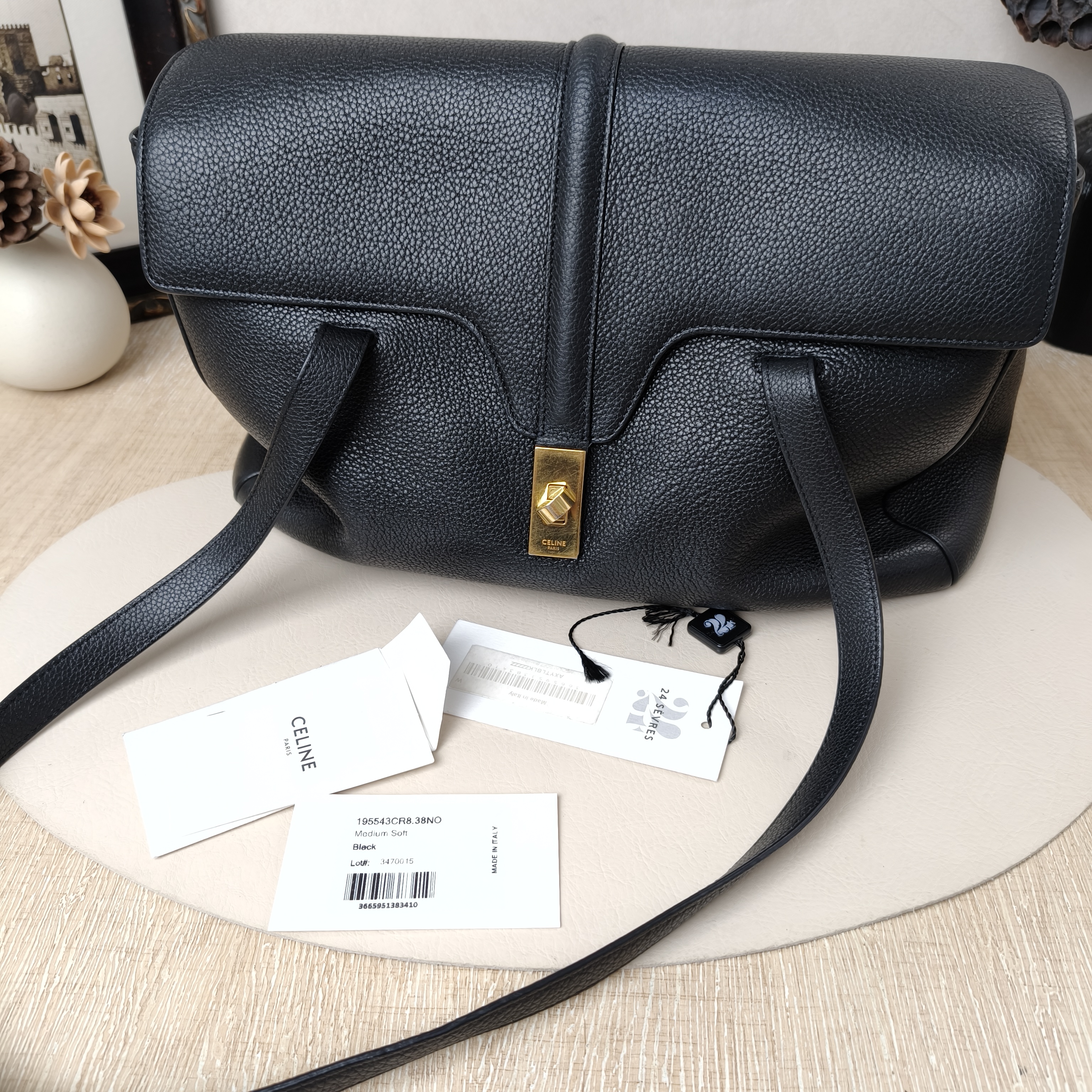 CELINE soft16Shoulder Bag Medium Black with Gold-Tone Hardware Calfskin · · 32 × 15 × 24 cm — cover view 3 of 10